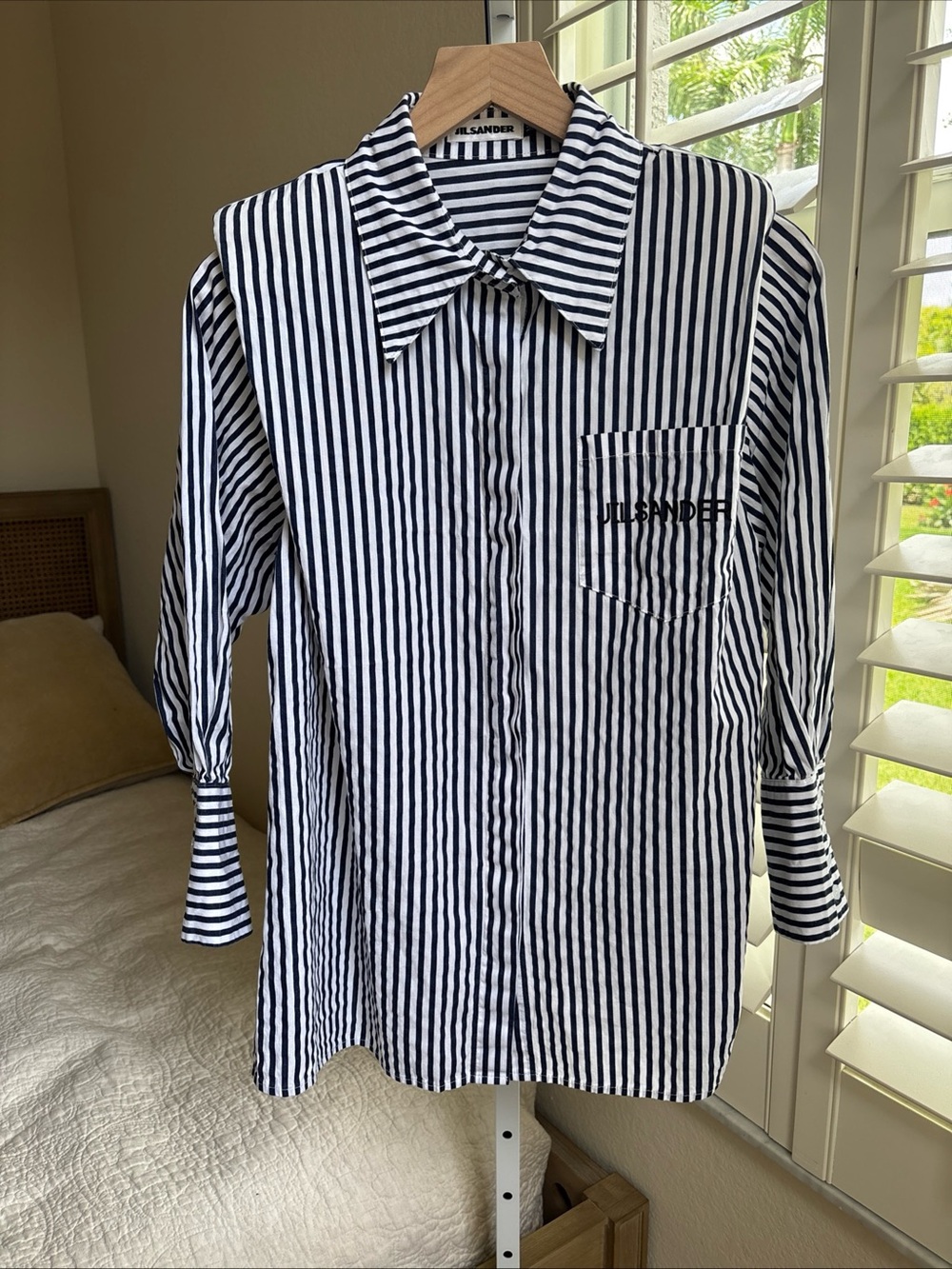 JIL SANDER Women’s Navy Striped Button Down Cotton Blouse Logo Size Medium